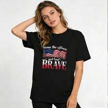 Camiseta de manga corta de algodón para mujer con cuello redondo y estampado de la bandera americana "Home Of The Brave", estilo casual. Camiseta de manga corta / tee de manga corta. 100% algodón. - Negro - Ver 1