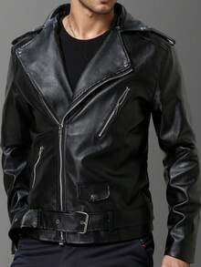Chaqueta de otoño para hombre estilo punk británico, corte ajustado, solapa, cremallera y corte al bies. - Negro - Ver 1