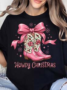 Camiseta Festiva de Navidad para Mujer con Botas de Vaquero Rosas y Lazo, Regalo Navideño Occidental para Ella, Atuendo Navideño Campestre - Negro - Ver 1