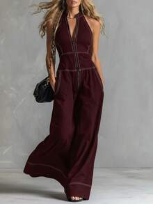 Mono nuevo para mujer, cuello mao, sin mangas, estilo casual, corte holgado, diseño favorecedor, versátil para oficina, looks de día y ocasiones informales - Vino tinto - Ver 6
