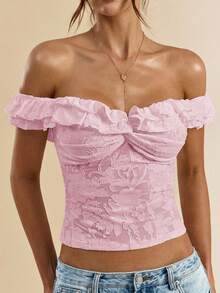 Women Summer Coquette Off Shoulder Ruffle Lace Crop Top Twist Front Short Sleeve Blouse - Pink - View 2