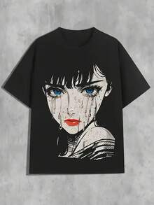 Nueva camiseta unisex de anime con estampado de gota de lágrima para mujer, suave y agradable al tacto, adecuada para todas las estaciones, ropa casual básica de estilo urbano, versátil para todas las estaciones, asequible para el uso diario, un regalo perfecto para fans y amigos. - Negro - Ver 6