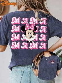 Disney Mini MAMA Pink Bubble Word Double-Sided Printed T-Shirt With Round Neck And Short Sleeves, Ladies' Disneyland Holiday Loose Summer Tops, Graphic T-Shirts, Holiday Women's Summer Clothes, Women's Spring Clothes, Holiday Clothes, Summer Clothes, Father's Day Gifts, Perfect Gifts For Family And Friends, Necessary For Birthday Parties, Disney Shirts. - 寶藍色 - 查看 1