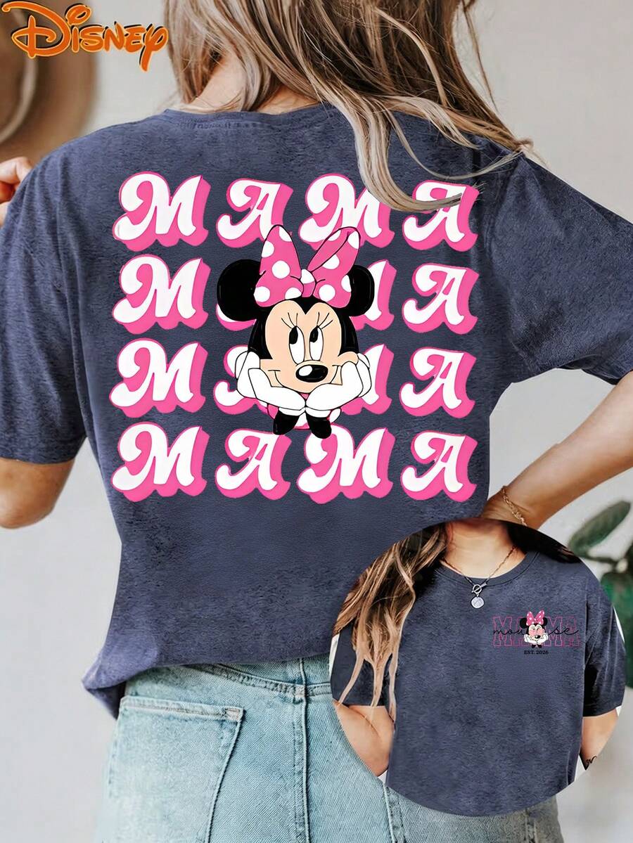 Disney Mini MAMA Pink Bubble Word Double-Sided Printed T-Shirt With Round Neck And Short Sleeves, Ladies' Disneyland Holiday Loose Summer Tops, Graphic T-Shirts, Holiday Women's Summer Clothes, Women's Spring Clothes, Holiday Clothes, Summer Clothes, Father's Day Gifts, Perfect Gifts For Family And Friends, Necessary For Birthday Parties, Disney Shirts. - 寶藍色 - 查看 1