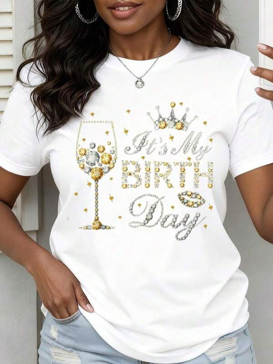 Impresión de letras eleganteIts My Birthday Rhinestone Wine Glass Crown T Shirt Women Fashion Statement Birthday Party Gift Top,ropa de mujer holgada,un imprescindible para las vacaciones,disfraces y accesorios de Halloween,Camisetas de apoyo al Mundial,Conjuntos a juego para padres e hijos, camisetas para hombre, camisetas para mujer, camisetas para niños - Blanco - Ver 1