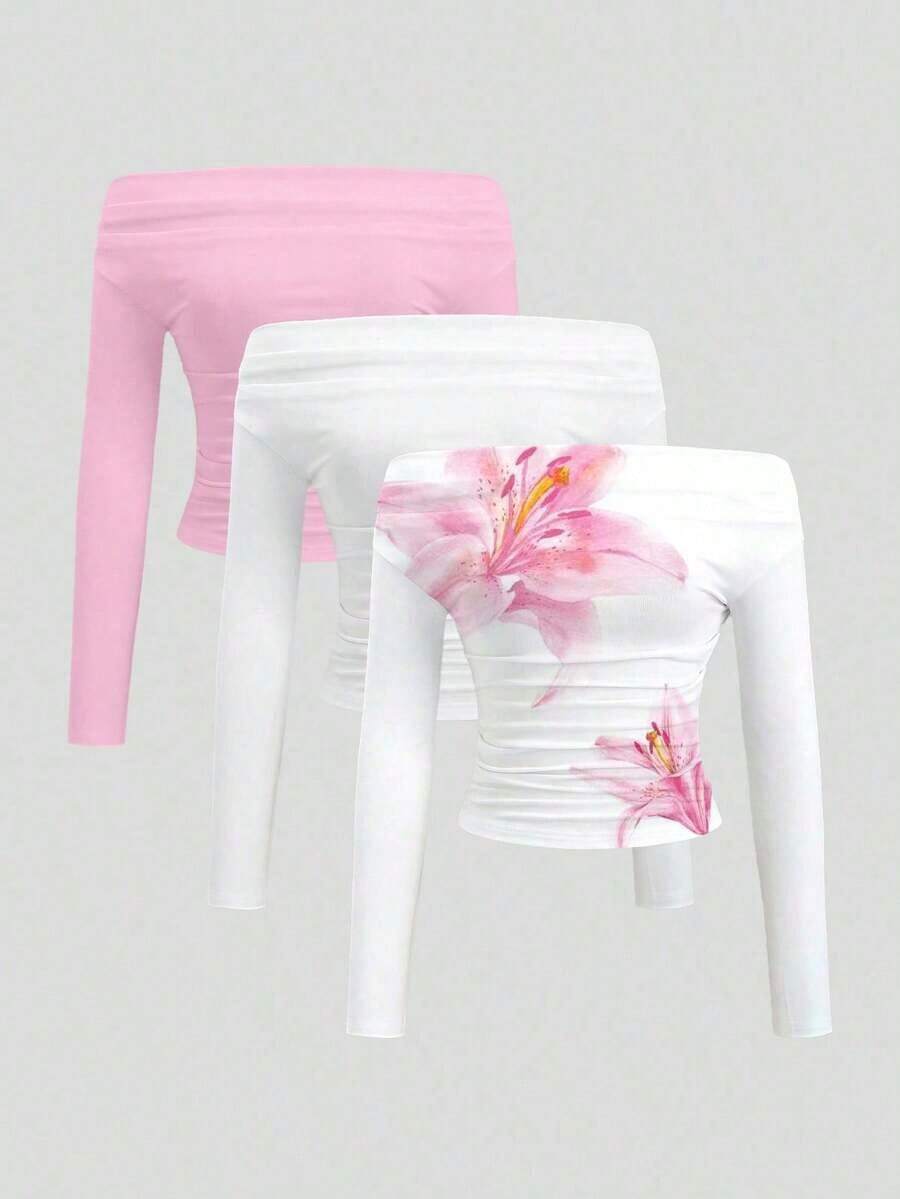 Conjunto de 3 piezas para mujer: Blusa de manga larga hombros descubiertos, blusas cortas entalladas, cómodas y amigables con la piel, versátil y estilizador - Multicolor 8 - Ver 1