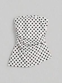 Top bandeau ajustado minimalista casual de mujer, bajo asimétrico, estampado de lunares, conjunto de verano - Blanco - Ver 1