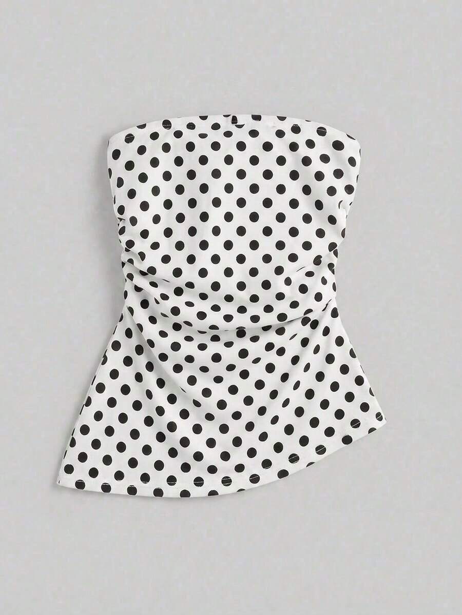 Top bandeau ajustado minimalista casual de mujer, bajo asimétrico, estampado de lunares, conjunto de verano - Blanco - Ver 1