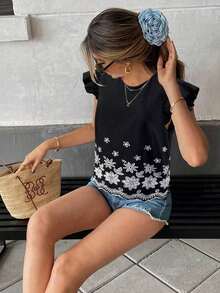 Blusa de verano casual de vacaciones con bordado floral y volantes en las mangas - Negro - Ver 6