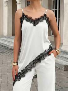 Blusa larga de satén con encaje, de tirantes finos, suave y cómoda, con diseño de bajo asimétrico, para un atuendo casual, elegante y de oficina moderno y urbano en verano - Albaricoque - Ver 3