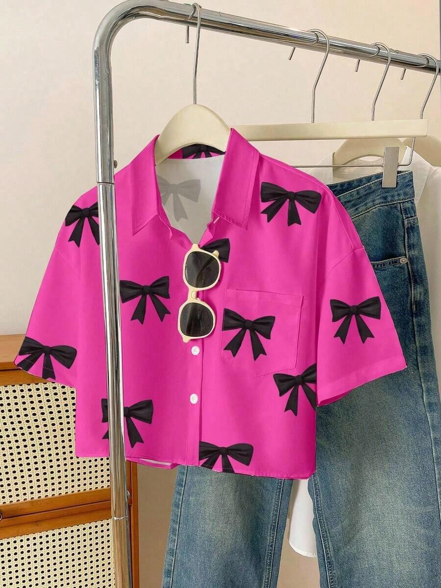Camisa casual de mujer de unicolor, de manga corta, con hombros caídos y botones delanteros, para verano - Rosa Fucsia - Ver 1