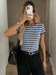 Camiseta de manga corta ajustada de cuello redondo minimalista casual para mujer, adecuada para primavera/verano - Multicolor 7 - Ver 7