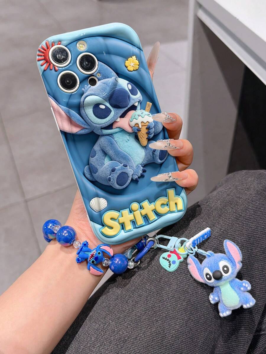 Disney Has Authorized, Phone Case - Chain Set, The Stitch Lilo & Stitch 3D Phone Case Plus A Silicone 3D Stitch Bracelet With Metallic Ring Removable Bracelet, Stitch And Angel Pattern, Compatible With Iphone17/16/15/14/13/12/11/XS/XR/X Plus Pro Max, A Stylish Cartoon Phone Case, The Perfect Gift Choice, Phone Protection, Durable Phone Cover, Great Gift For Friends And Family. - White - View 1