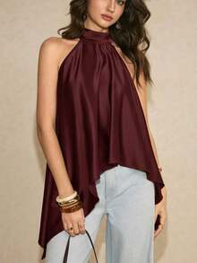 Blusa elegante de cuello halter con lunares para mujeres - Café integral - Ver 6