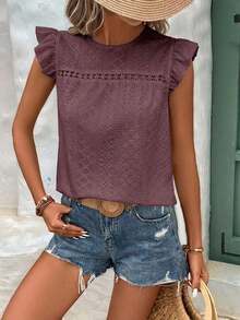Frenchy Camiseta con cuello redondo y adorno de encaje con volantes y bordado de ojal - Lila Púrpura - Ver 6
