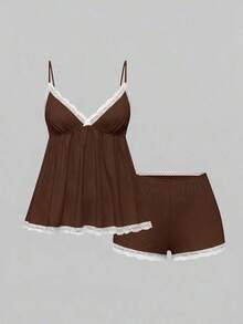 Conjunto de pijama casual de camiseta de tirantes acanalada y shorts con encaje - Marrón - Ver 1