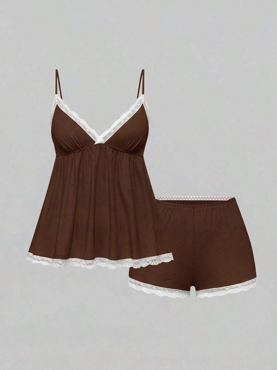 Conjunto de pijama casual de camiseta de tirantes acanalada y shorts con encaje - Marrón - Ver 1