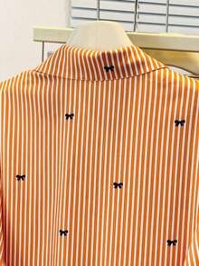 Camisa de manga larga con estampado a rayas y lazo, con botones delanteros, cuello de camisa, top casual, adecuado para primavera, otoño e invierno en color rosa - Naranja - Ver 10