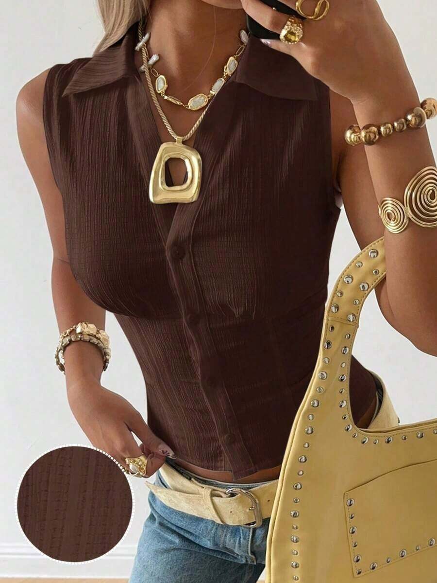 Camisa informal sin mangas con botones delanteros, de tejido negro, para verano - Marrón Chocolate - Ver 1