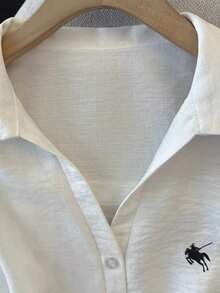 Camisa blanca sin mangas con cuello polo bordado para mujer, de primavera/verano, de estilo casual - Blanco - Ver 3