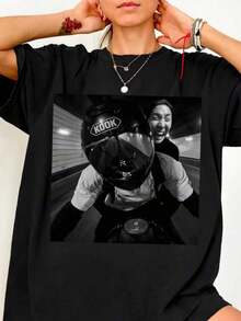 Hooligan Shirt, Street Style Gang Graphic Tee, Dark Aesthetic Fan Gift Camiseta informal de moda con estampado creativo para mujer, de manga corta y cuello redondo, para verano T-Shirt Women Festive Celebration Shirt Party Wear Top - Negro - Ver 1