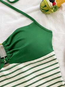 2 piezas Conjunto de camiseta de tirantes y pantalones cortos de punto a rayas con hebilla de metal, estilo casual de vacaciones, adecuado para fiesta, San Valentín, cita, discoteca, bohemio, vacaciones, otoño, ropa de mujer, vintage, días fest - Verde - Ver 8