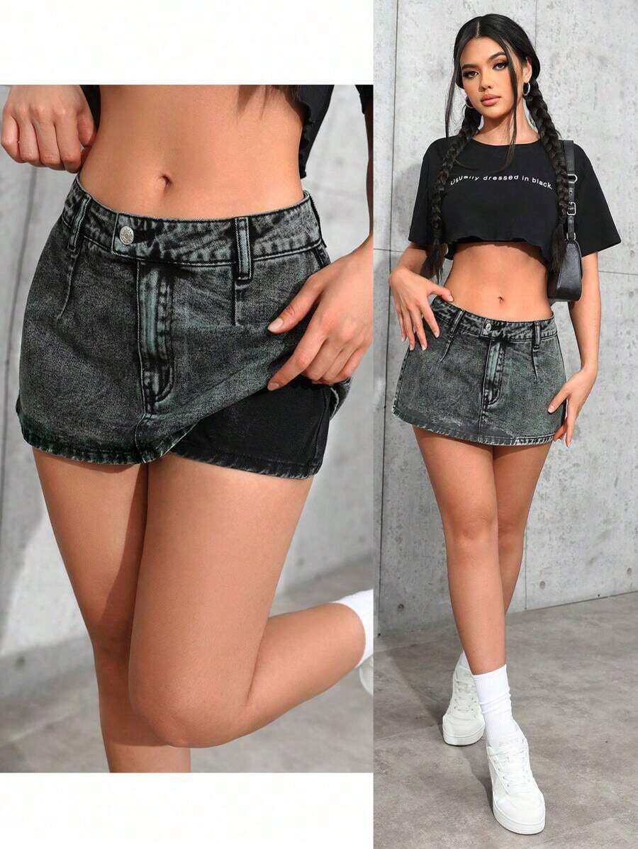 Minifalda vaquera casual con bolsillo y estampado de rayas para mujer, primavera/verano - Negro - Ver 1