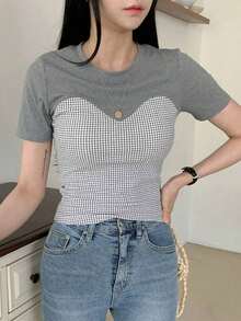 Camiseta de mujer de manga corta con bloqueo de color de empalme envuelto, Crop Tops de mujer a cuadros - Gris - Ver 4