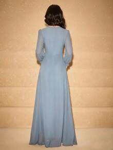 Vestido largo elegante de gasa con mangas largas y decoración de perlas para adolescentes, adecuado para bodas, bailes de graduación, fiestas de cumpleaños, Navidad, regreso a clases, graduación - Azul - Ver 2
