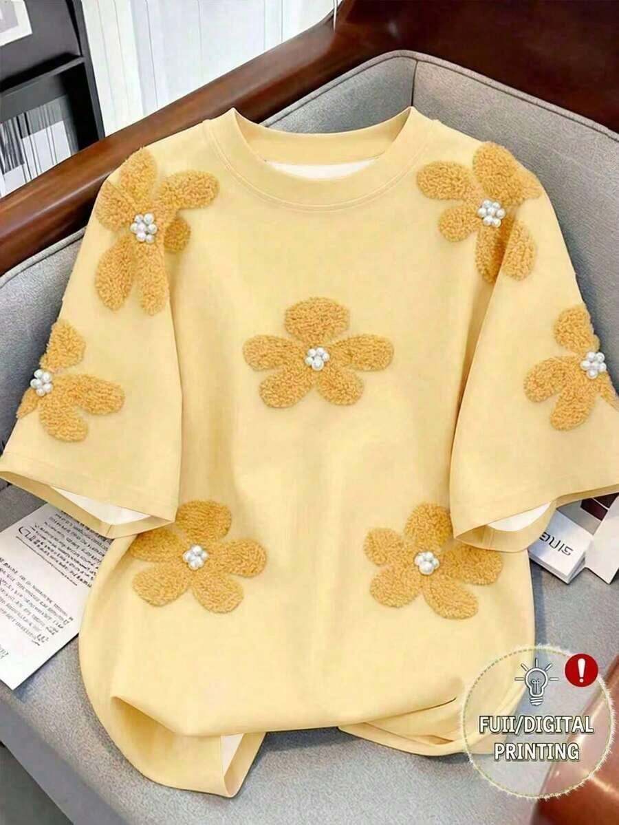Camiseta de mujer de cuello redondo con estampado de contraste de color degradado de fresa, para verano - Multicolor 5 - Ver 1
