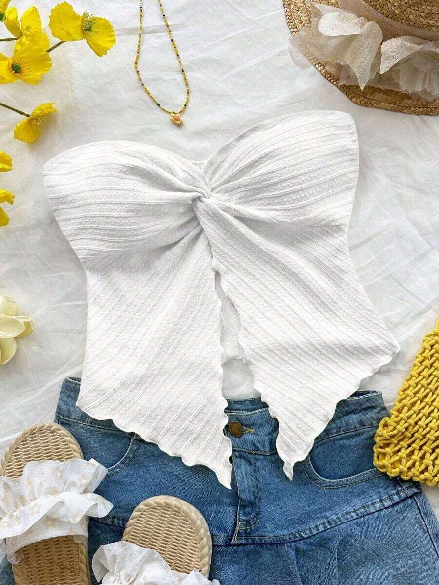 Top tubo de punto de textura amarillo ganso para mujer con abertura anudada en el medio delantero y borde ondulado, ajuste ceñido, para uso en fiestas, vacaciones y otoño/invierno - Blanco - Ver 1