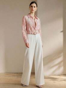 Blusa de manga larga para mujer con bordado floral delicado y decoración con cuentas, aplicación simétrica, nueva para primavera/verano - Rosa - Ver 4