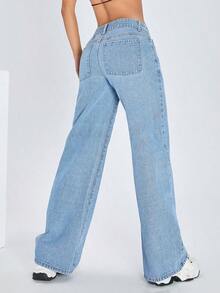 ICON Solid Color Wide Leg Pocket Jeans, Casual And Versatile - Light Wash 8 - View 4