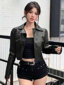 Chaqueta corta de PU casual y holgada para mujer, estilo callejero para otoño e invierno, ropa de mujer de otoño - Negro - Ver 3