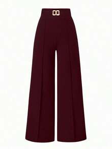 Pantalones informales de pierna ancha de unicolor para mujer - Burdeos - Ver 8