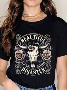 Beautiful Disaster Bull Skull Rose Graphic T-Shirt Women Casual Short Sleeve Top Boho Western Style Fashion Shirt - 黑色 - 查看 1
