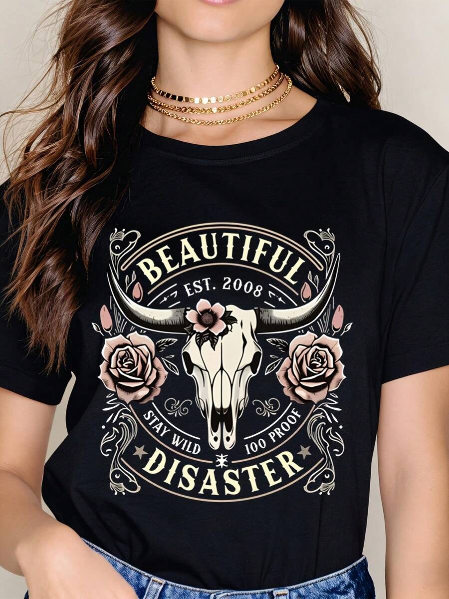 Beautiful Disaster Bull Skull Rose Graphic T-Shirt Women Casual Short Sleeve Top Boho Western Style Fashion Shirt - 黑色 - 查看 1
