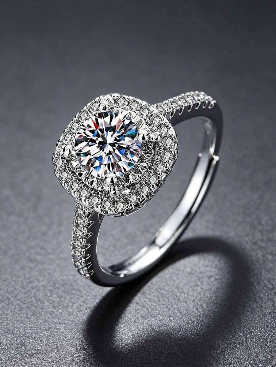 1 Peça Anel de Pedra Moissanite de Alta Qualidade, Anéis de Casais Sólidos de Cobre Premium Resistente a Desbotamento, Tamanho Ajustável - Prata - Visão 1