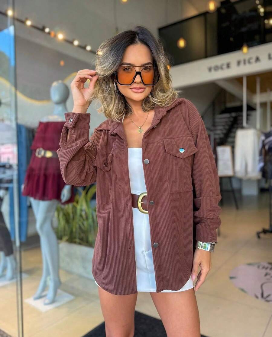 Women's Corduroy Velvet Long Sleeve Button-Down Shirt For Travel, Casual, Elegant, And Luxurious. - Rỉ Nâu - Xem 1
