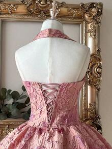 Vestido elegante, romántico y de moda de tela jacquard burdeos con escote halter, espalda descubierta y manga larga en corte evasé, adecuado para ceremonia de graduación, apertura de escuela, festival de música, fiesta de cumpleaños, boda, té de la tarde, baile de graduación - Rosa - Ver 7