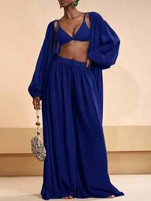 Conjunto de kimono y pantalones palazzo elegantes y casuales para la playa, 2026 - azul real - Ver 6