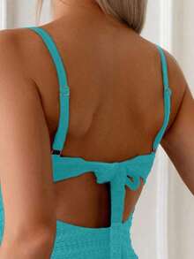 Traje de baño de una pieza sexy para mujer con rayas, escote delantero hueco y cordones en la espalda, para el verano - Agua verde azul - Ver 3