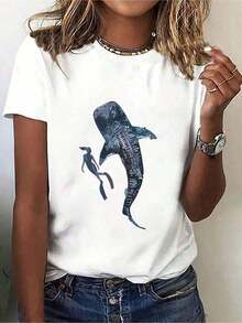 Loose1 pieza Camiseta estampada de algodón puro de g con diseño de buceador libre con tiburón ballena en acuarela, arte marino de animales, estampado casual, cómoda y versátil, con patrón de letras. Camiseta de mujer 100% algodón de g.Cotton, transpirable y absorbente de sudor, de manga corta para verano. - Blanco - Ver 1