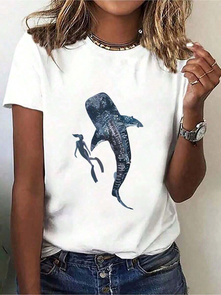 Loose1 pieza Camiseta estampada de algodón puro de g con diseño de buceador libre con tiburón ballena en acuarela, arte marino de animales, estampado casual, cómoda y versátil, con patrón de letras. Camiseta de mujer 100% algodón de g.Cotton, transpirable y absorbente de sudor, de manga corta para verano. - Blanco - Ver 1