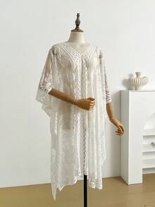 Women's Floral Lace V-Neck Kimono Cover-Up Sheer Mesh Long Bohemian Beach Vacation Robe Shawl Casual Everyday Wear Available In Multiple Colors One Size - màu đen - Xem 1