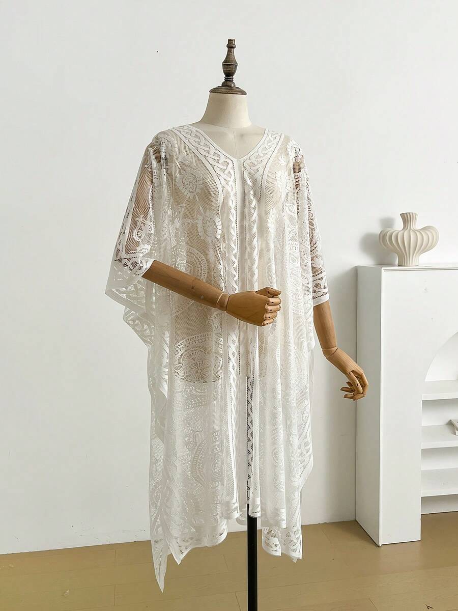 Women's Floral Lace V-Neck Kimono Cover-Up Sheer Mesh Long Bohemian Beach Vacation Robe Shawl Casual Everyday Wear Available In Multiple Colors One Size - màu đen - Xem 1