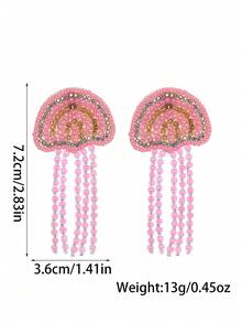 1 Pair Summer Limited Edition Pink Jellyfish Beaded Earrings, Handmade With Rhinestone Accents And Tassels, Fashionable Niche Accessory For Women, Suitable For Beach Parties, Summer Vacations, Daily Wear, Dates, Music Festivals - Multicolor - View 5