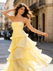 Vestido midi elegante para fiesta, sin tirantes, volantes, falda pastel, perfecto para verano y vacaciones - Amarillo - Ver 2