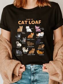 Short-Sleeved T-Shirt With Kawaii Cat Print And Lettering, Casual Style, For Women, Loose And Comfortable, For Summer And Spring. - White - View 6