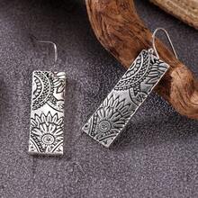 1 Pair Handmade Country Style Rectangular Drop Earrings With Glossy Textured Contours And Carved Patterns, Exquisite Heirloom-Like Jewelry Suitable For Festive Parties And A Thoughtful Gift Choice. - Silver - View 5